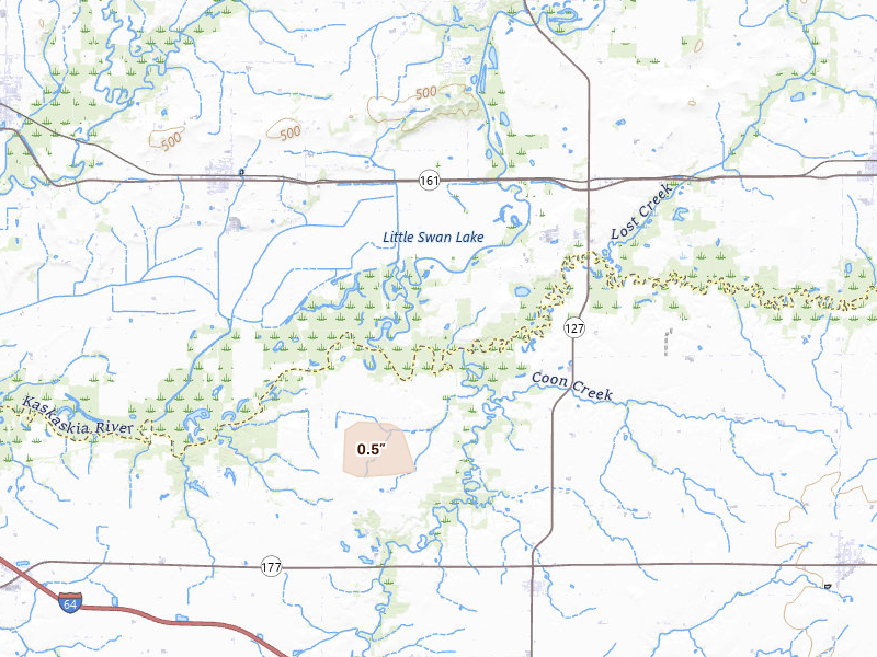 Radar-estimated hail-size map of the storm over Carlyle, IL on Jun 24, 2026
