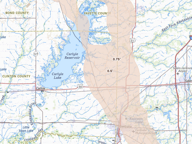 Radar-estimated hail-size map of the storm over Carlyle, IL on Aug 21, 2026