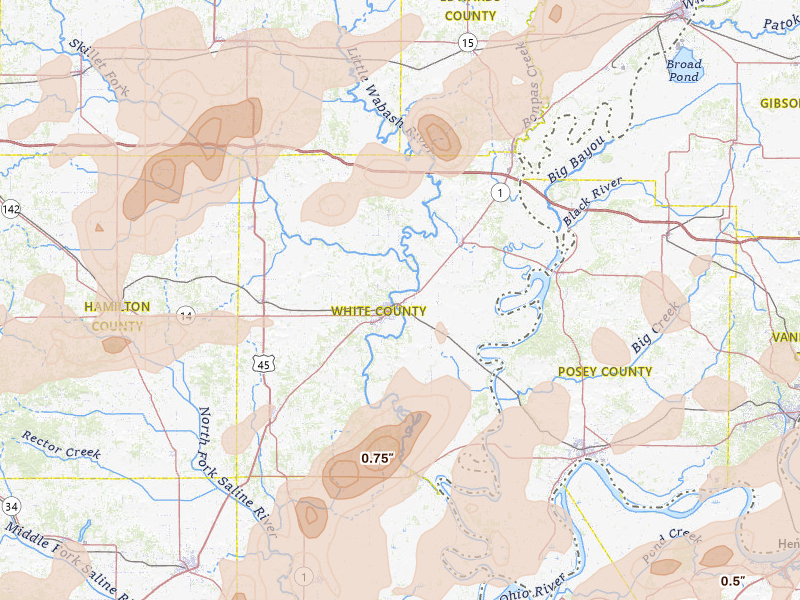 Radar-estimated hail-size map of the storm over Carmi, IL on Apr 27, 2026