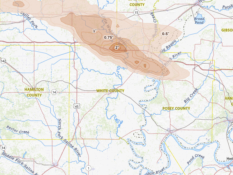 Radar-estimated hail-size map of the storm over Carmi, IL on May 16, 2026