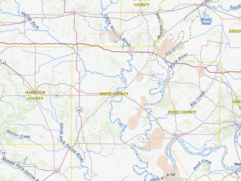 Radar-estimated hail-size map of the storm over Carmi, IL on Jul 4, 2026