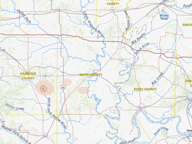 Radar-estimated hail-size map of the storm over Carmi, IL on Jul 5, 2026