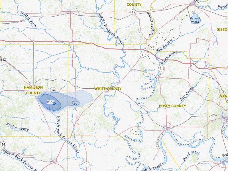 NEXRAD radar-signature map of the hail storm over Carmi, IL on Jul 5, 2026