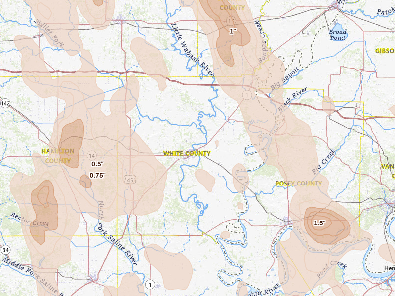 Radar-estimated hail-size map of the storm over Carmi, IL on Jul 26, 2026