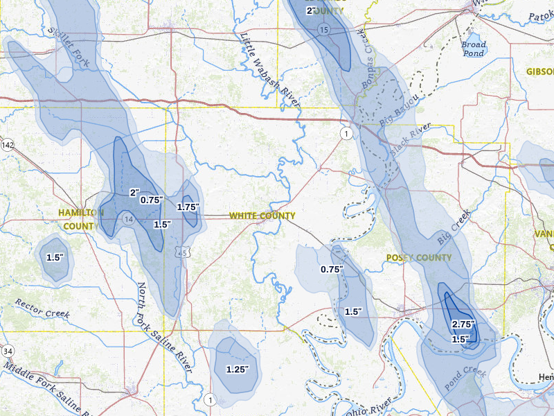 NEXRAD radar-signature map of the hail storm over Carmi, IL on Jul 26, 2026