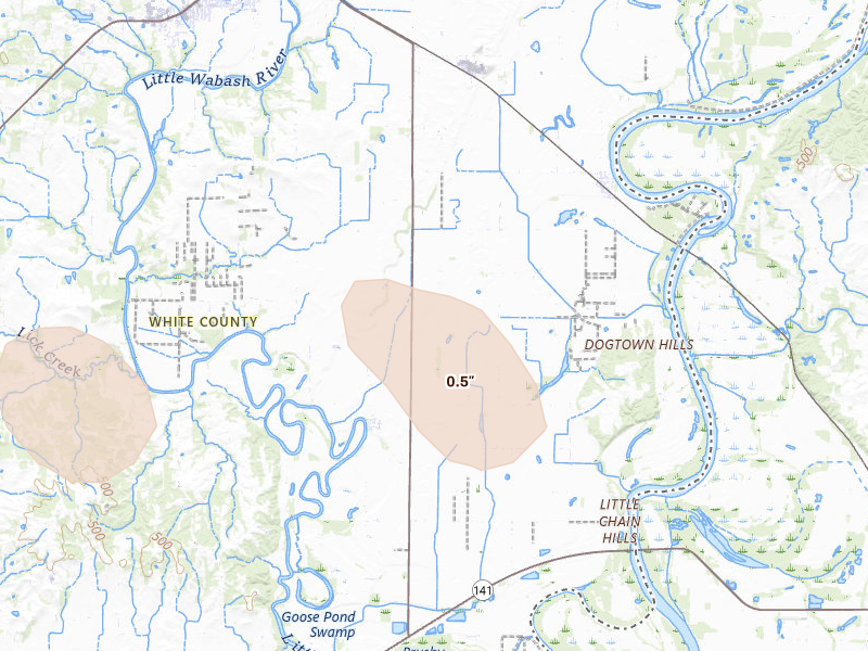 Radar-estimated hail-size map of the storm over Carmi, IL on Aug 12, 2026