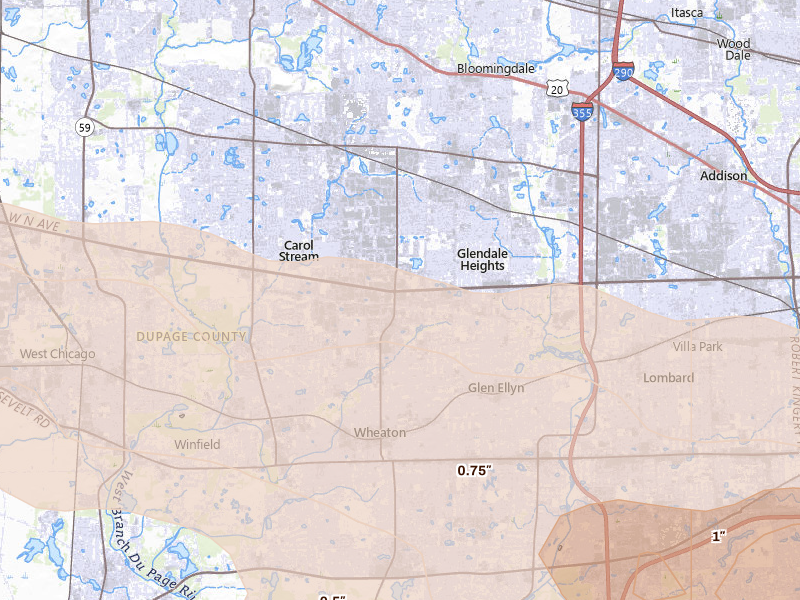 Radar-estimated hail-size map of the storm over Carol Stream, IL on Mar 30, 2026