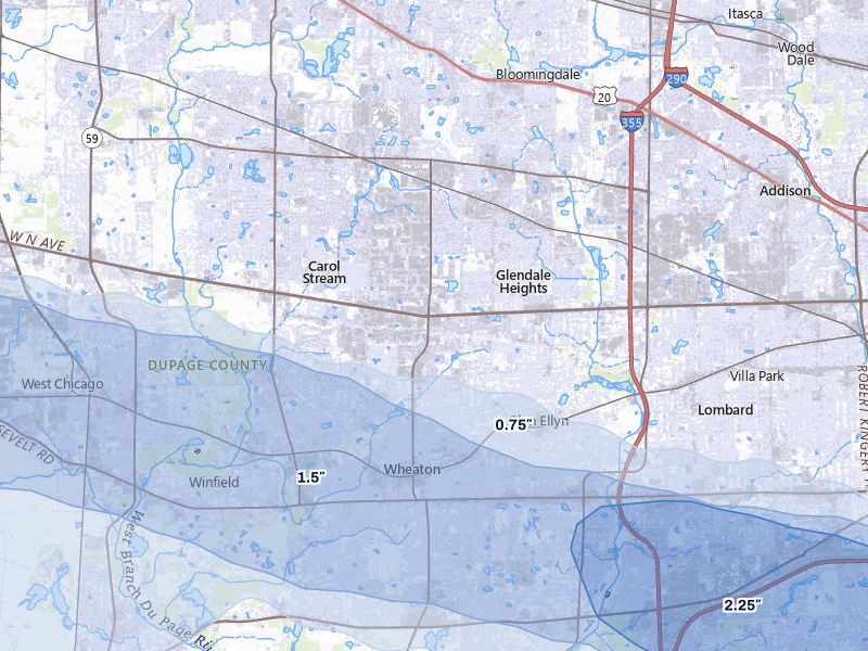NEXRAD radar-signature map of the hail storm over Carol Stream, IL on Mar 30, 2026