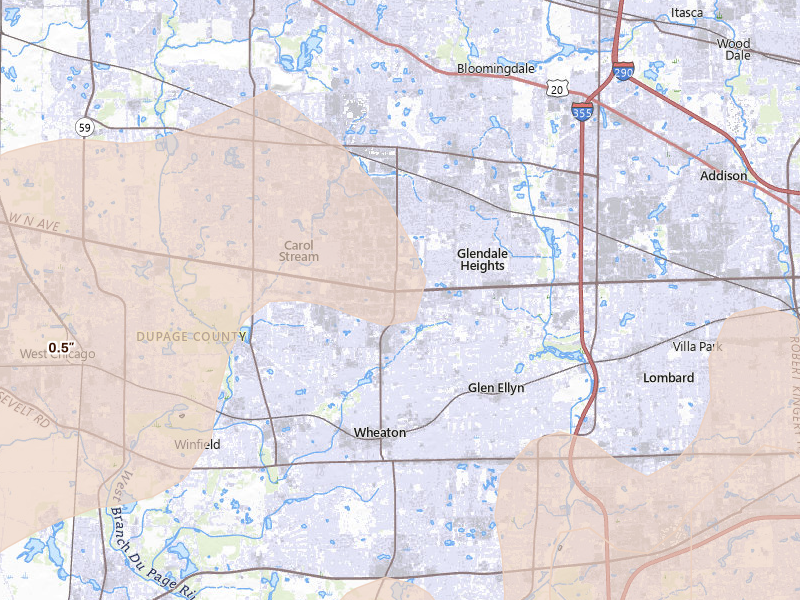 Radar-estimated hail-size map of the storm over Carol Stream, IL on Jun 10, 2026