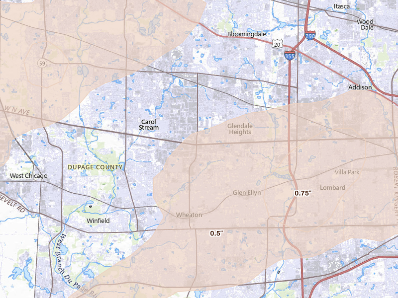 Radar-estimated hail-size map of the storm over Carol Stream, IL on Jul 2, 2026