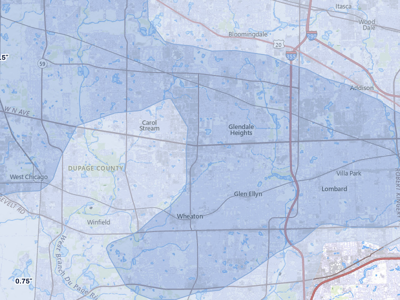 NEXRAD radar-signature map of the hail over Carol Stream, IL