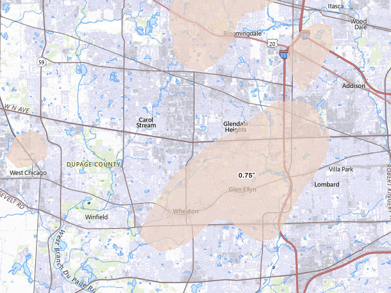 Radar-estimated hail-size map of the storm over Carol Stream, IL on Jul 3, 2026