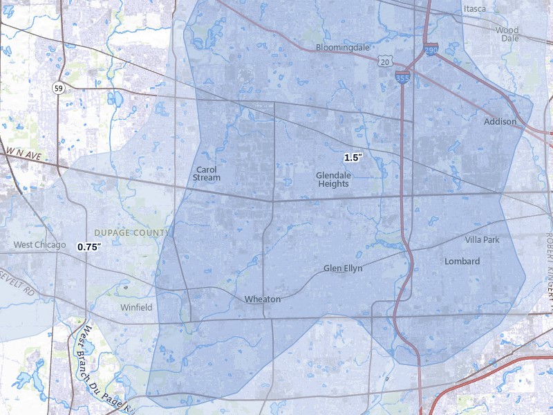 NEXRAD radar-signature map of the hail storm over Carol Stream, IL on Jul 3, 2026