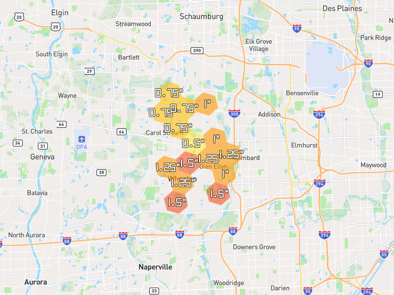 Hail map of Carol Stream, IL on Jul 3, 2026, hail up to 1.5"