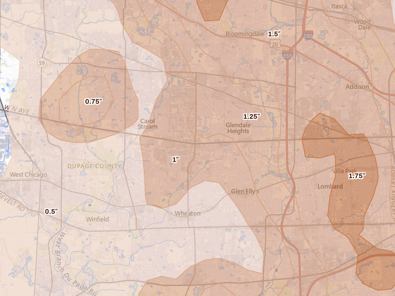 Radar-estimated hail-size map of the storm over Carol Stream, IL on Jul 27, 2026