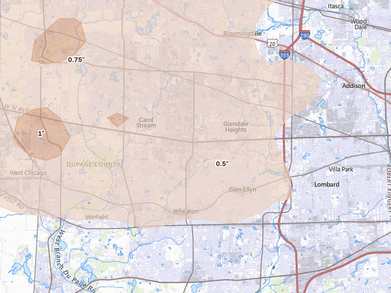 Radar-estimated hail-size map of the storm over Carol Stream, IL on Aug 9, 2026