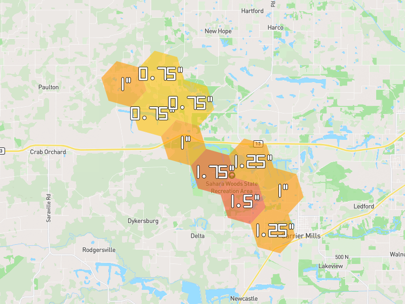 Hail map of Carrier Mills, IL on Jul 11, 2026, hail up to 1.75"