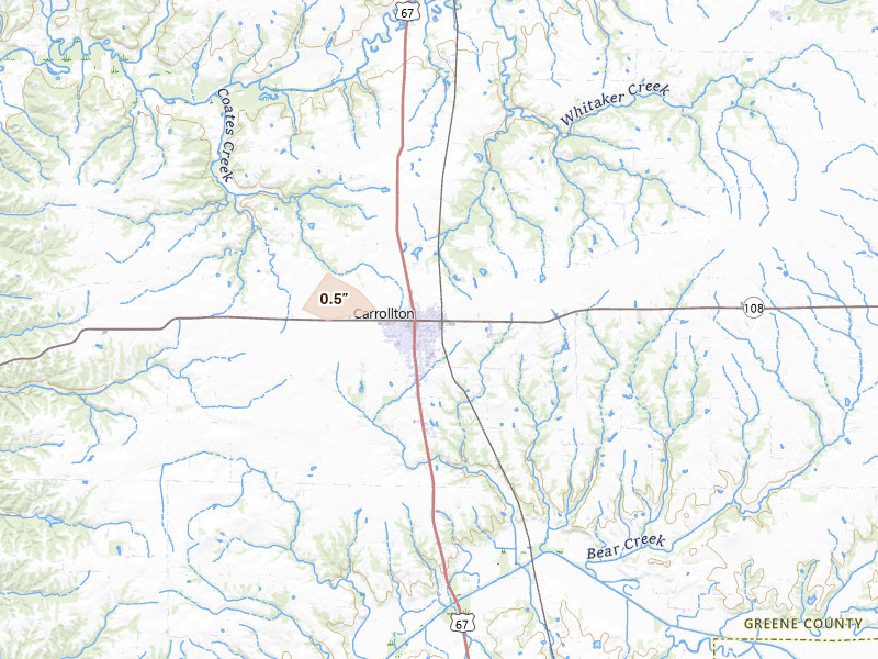 Radar-estimated hail-size map of the storm over Carrollton, IL on Mar 31, 2026
