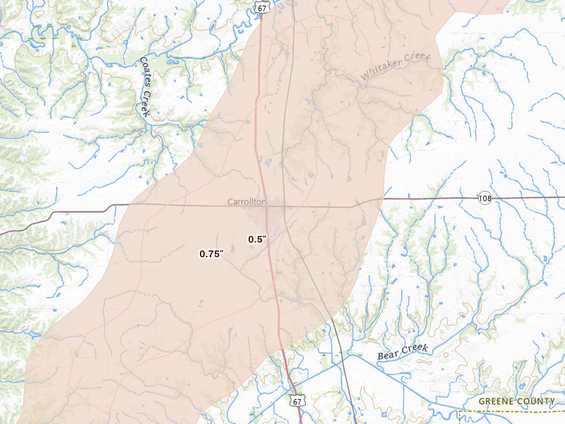 Radar-estimated hail-size map of the storm over Carrollton, IL on Apr 26, 2026
