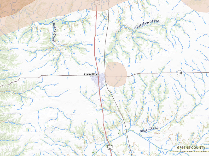 Radar-estimated hail-size map of the storm over Carrollton, IL on Apr 27, 2026