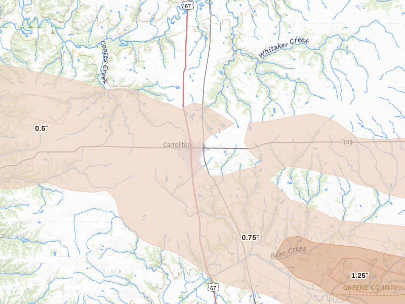 Radar-estimated hail-size map of the storm over Carrollton, IL on May 3, 2026