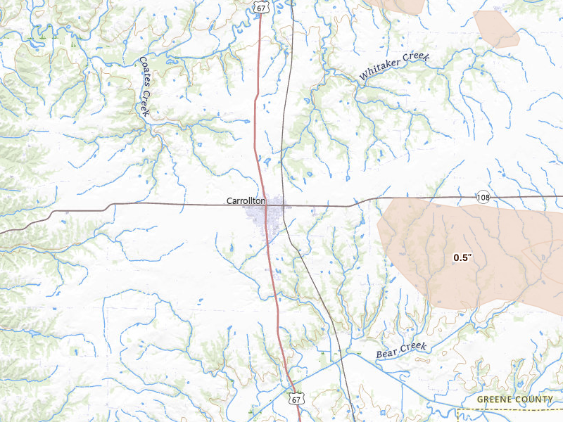 Radar-estimated hail-size map of the storm over Carrollton, IL on Jun 24, 2026