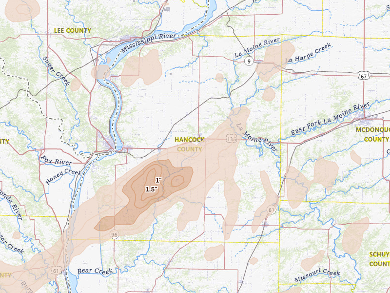 Radar-estimated hail-size map of the storm over Carthage, IL on Apr 17, 2026