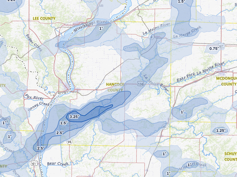 NEXRAD radar-signature map of the hail over Carthage, IL