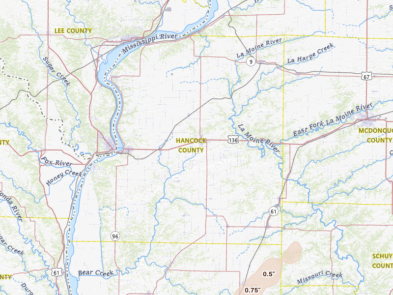 Radar-estimated hail-size map of the storm over Carthage, IL on Apr 27, 2026