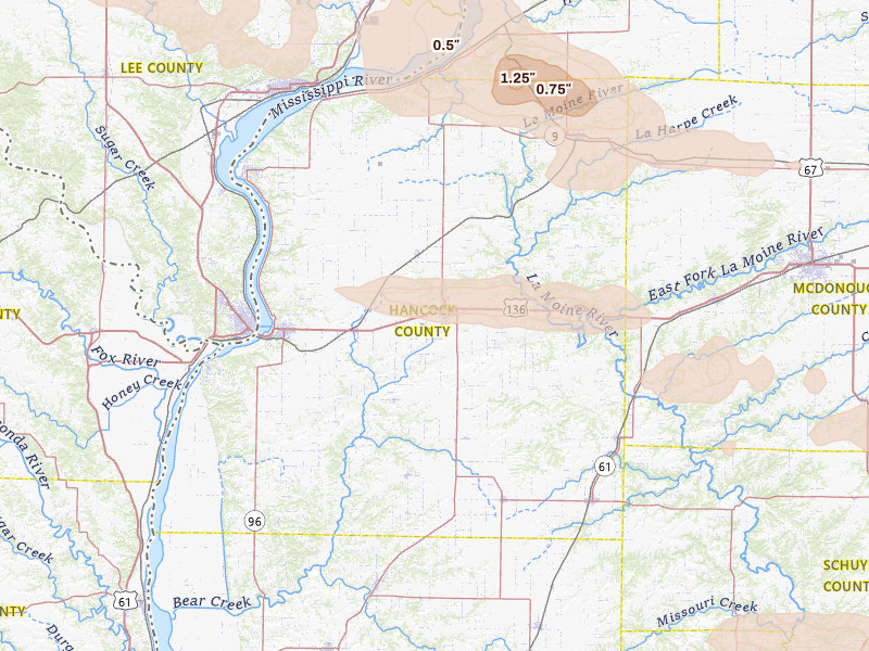 Radar-estimated hail-size map of the storm over Carthage, IL on May 4, 2026