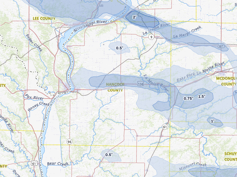 NEXRAD radar-signature map of the hail storm over Carthage, IL on May 4, 2026