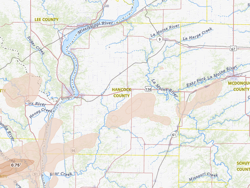 Radar-estimated hail-size map of the storm over Carthage, IL on Jun 10, 2026