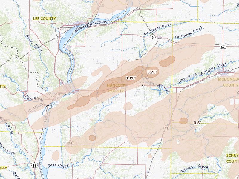 Radar-estimated hail-size map of the storm over Carthage, IL on Jun 11, 2026