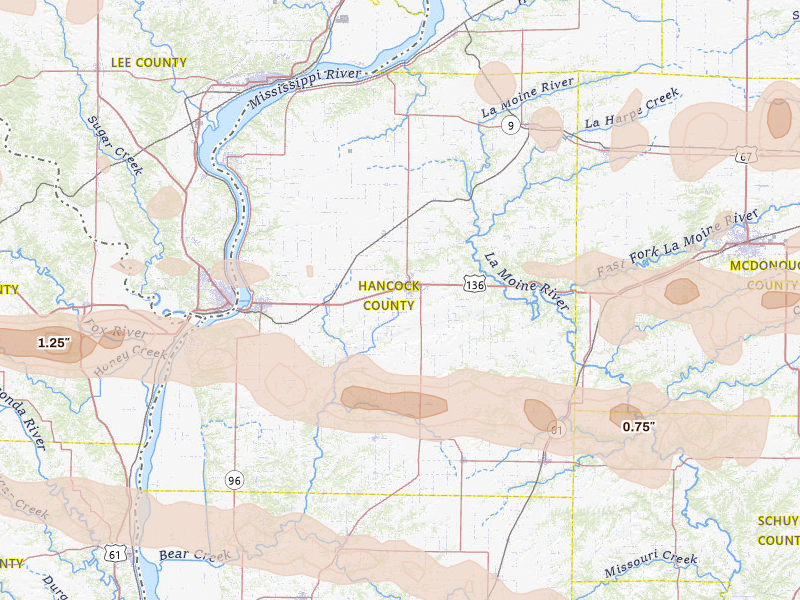 Radar-estimated hail-size map of the storm over Carthage, IL on Jun 17, 2026