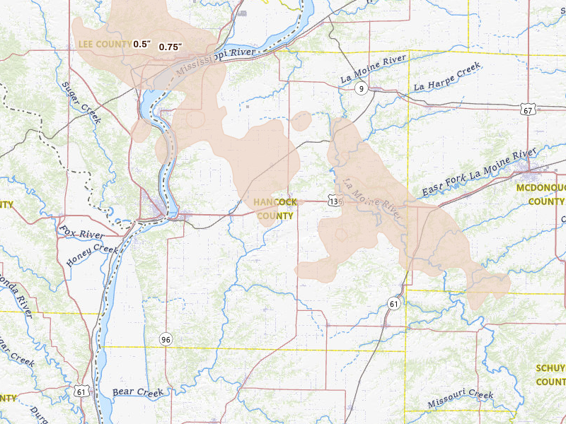 Radar-estimated hail-size map of the storm over Carthage, IL on Jul 20, 2026