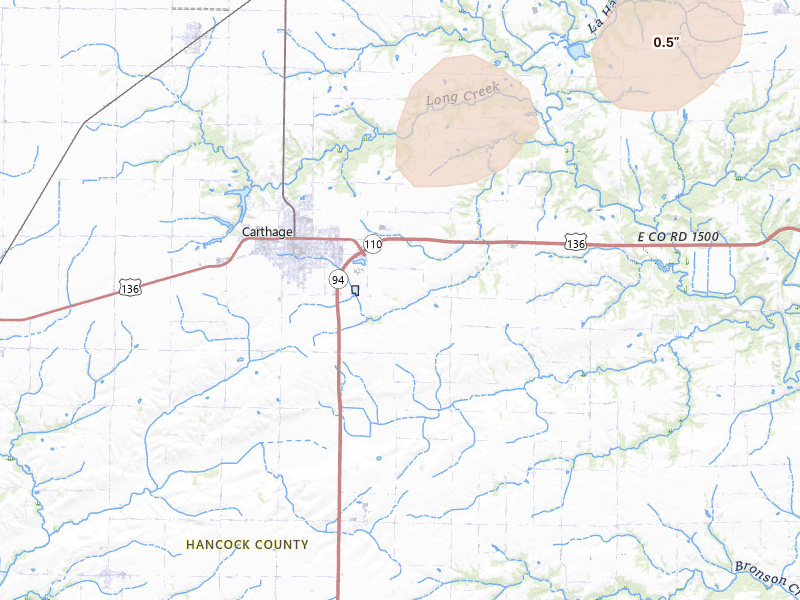 Radar-estimated hail-size map of the storm over Carthage, IL on Aug 12, 2026