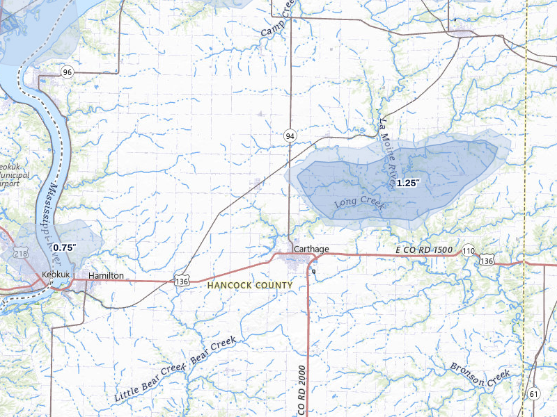 NEXRAD radar-signature map of the hail storm over Carthage, IL on Aug 12, 2026