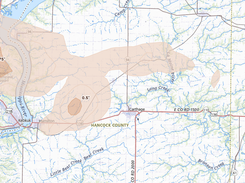 Radar-estimated hail-size map of the storm over Carthage, IL on Aug 14, 2026