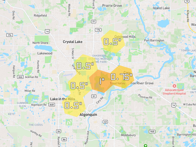 Hail map of Cary, IL on Jul 4, 2026, hail up to 1"