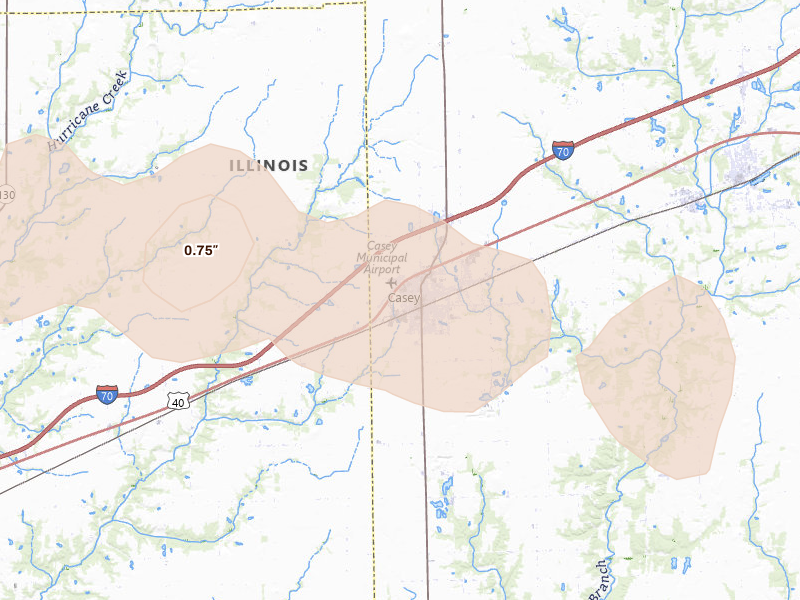 Radar-estimated hail-size map of the storm over Casey, IL on Mar 22, 2026