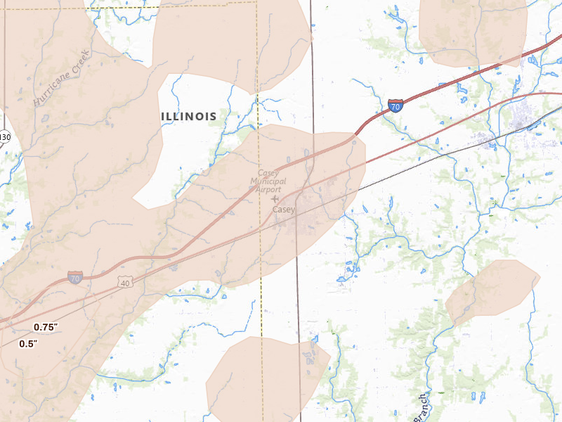 Radar-estimated hail-size map of the storm over Casey, IL on Apr 27, 2026