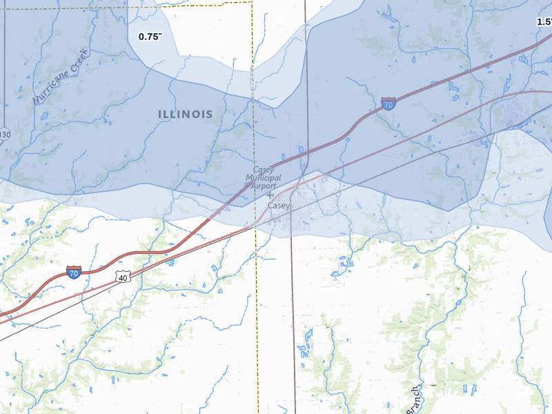 NEXRAD radar-signature map of the hail over Casey, IL
