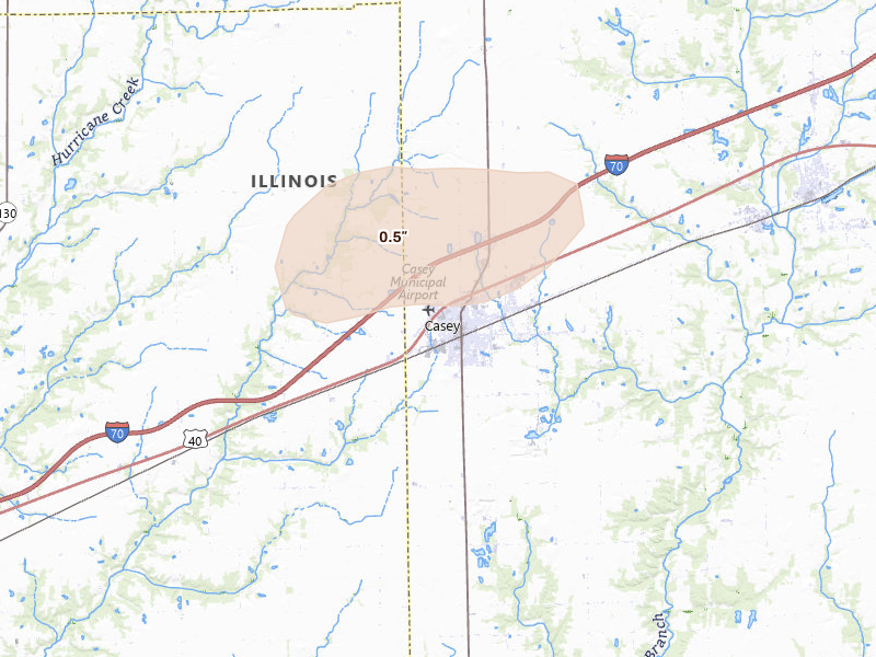 Radar-estimated hail-size map of the storm over Casey, IL on Jul 9, 2026