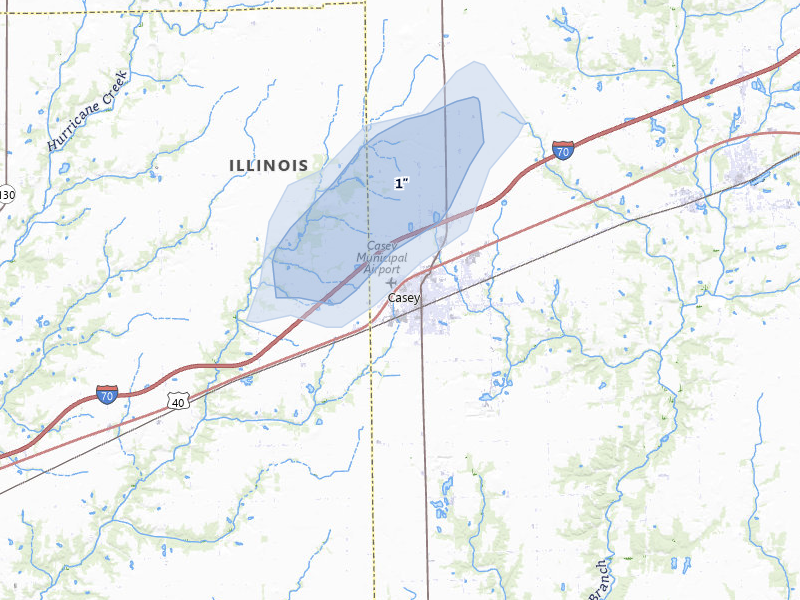 NEXRAD radar-signature map of the hail storm over Casey, IL on Jul 9, 2026