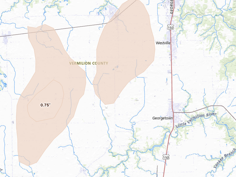 Radar-estimated hail-size map of the storm over Catlin, IL on Apr 27, 2026