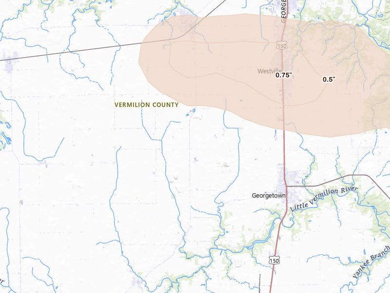 Radar-estimated hail-size map of the storm over Catlin, IL on Jun 16, 2026