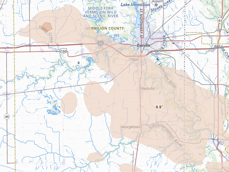Radar-estimated hail-size map of the storm over Catlin, IL on Aug 13, 2026