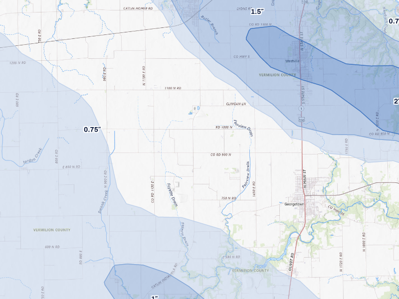 NEXRAD radar-signature map of the hail storm over Catlin, IL on Aug 13, 2026