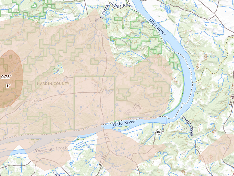 Radar-estimated hail-size map of the storm over Cave In Rock, IL on Apr 27, 2026