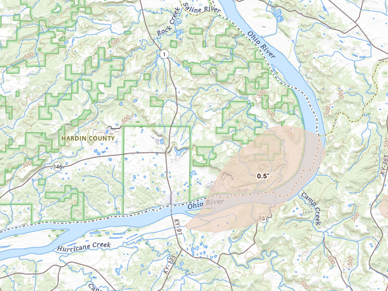 Radar-estimated hail-size map of the storm over Cave In Rock, IL on Jul 4, 2026